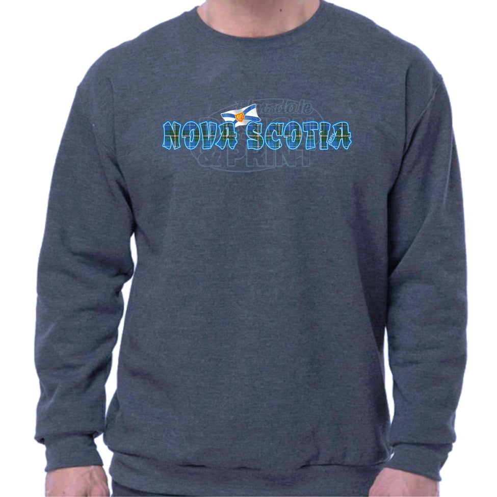 Super soft 12.5oz navy sweatshirt with Nova Scotia written in Blue Tartan with blue outlines & a Nova Scotia provincial flag