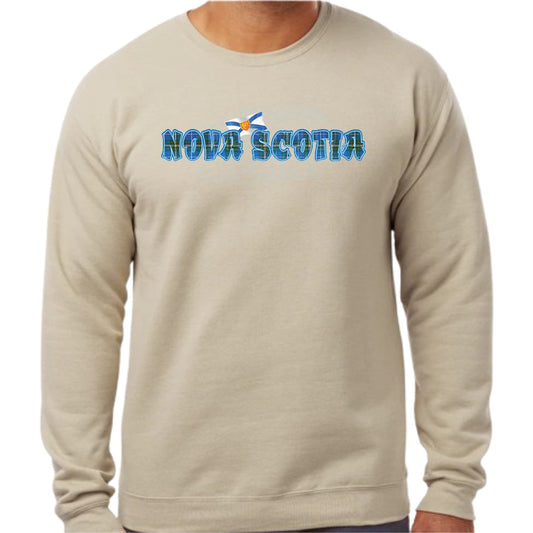Super soft 12.5oz sand sweatshirt with Nova Scotia written in Blue Tartan with blue outlines & a Nova Scotia provincial flag