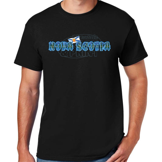Soft ringspun cotton black t-shirt with Nova Scotia written in Blue Tartan with blue outlines & a Nova Scotia provincial flag