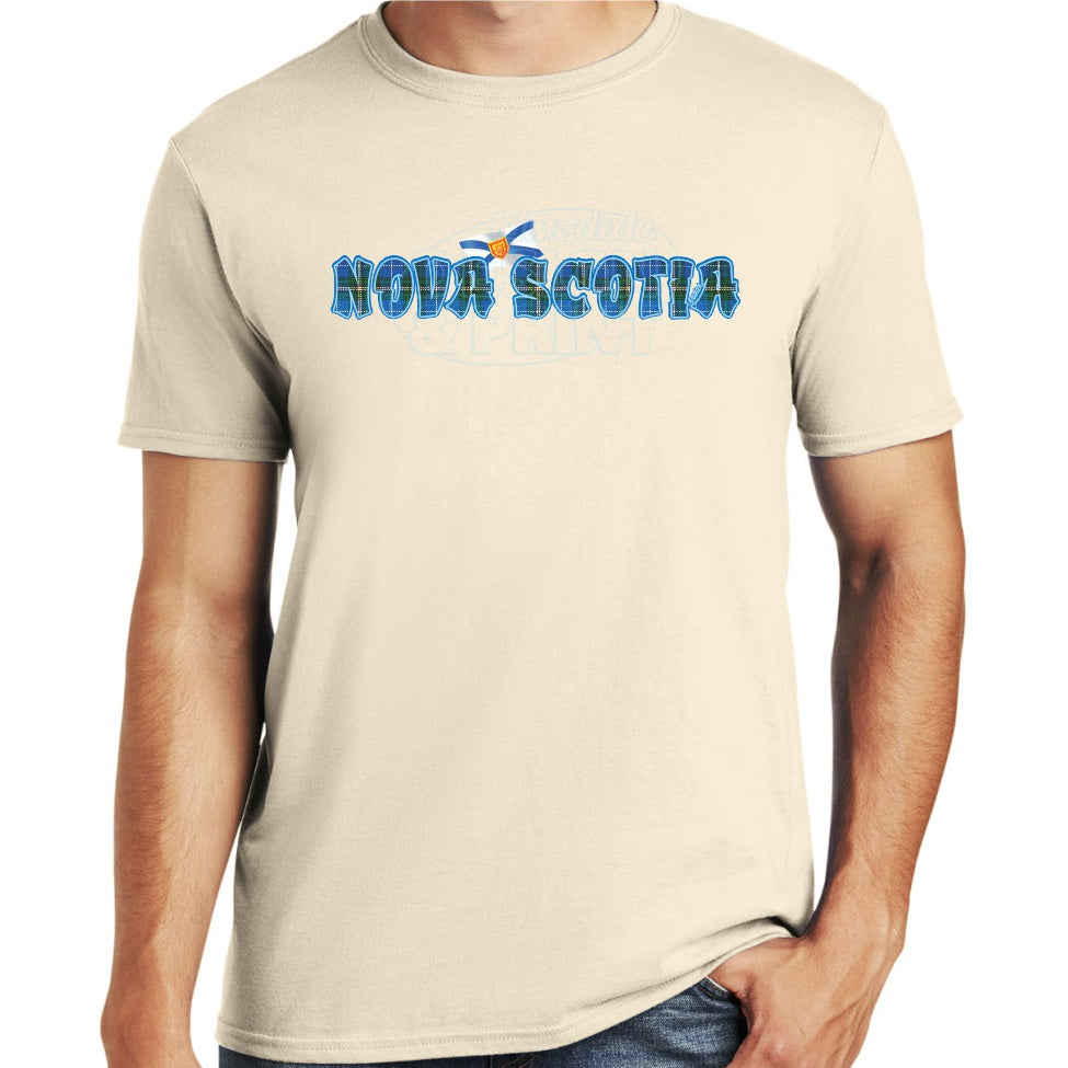 Soft ringspun cotton sand t-shirt with Nova Scotia written in Blue Tartan with blue outlines & a Nova Scotia provincial flag