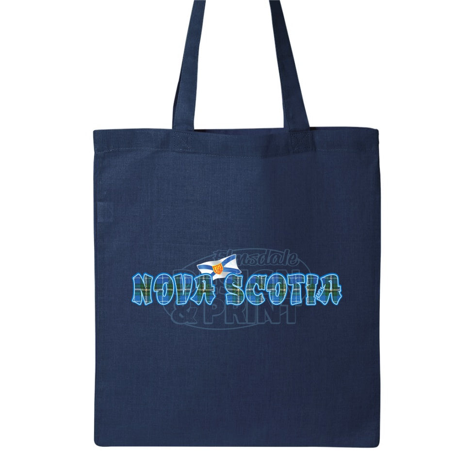 15x16" solid navy canvas tote bag with Nova Scotia written in Blue Tartan with blue outlines & a Nova Scotia provincial flag