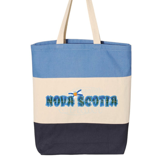 15x16" tri-color canvas tote bag with Nova Scotia written in Blue Tartan with blue outlines & a Nova Scotia provincial flag