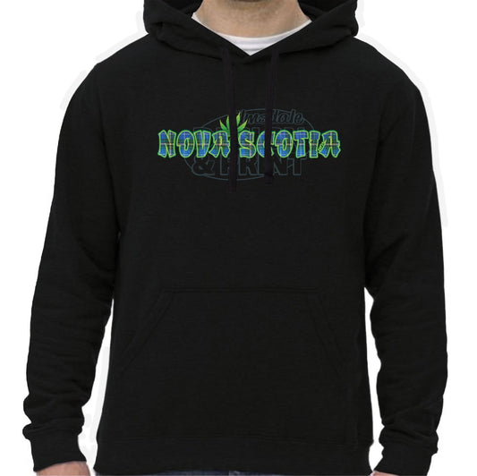 Super soft 12.5oz black hoodie with Nova Scotia made of Blue Tartan with a bright green weed leaf & bright green outlines