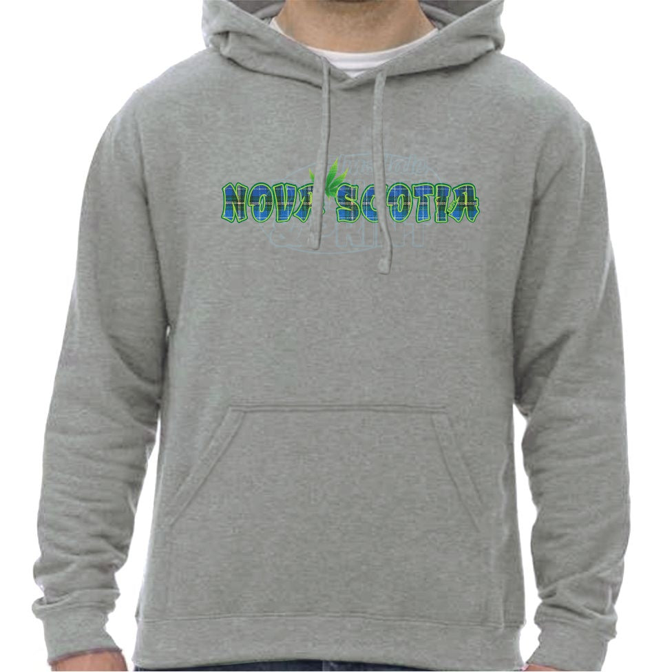 Super soft 12.5oz grey hoodie with Nova Scotia made of Blue Tartan with a bright green weed leaf & bright green outlines