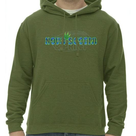 Super soft 12.5oz green hoodie with Nova Scotia made of Blue Tartan with a bright green weed leaf & bright green outlines
