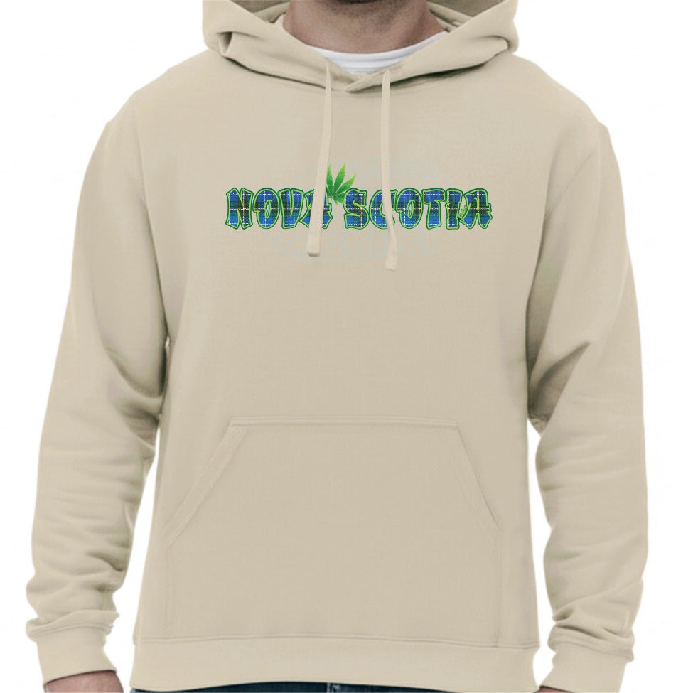 Super soft 12.5oz sand hoodie with Nova Scotia made of Blue Tartan with a bright green weed leaf & bright green outlines