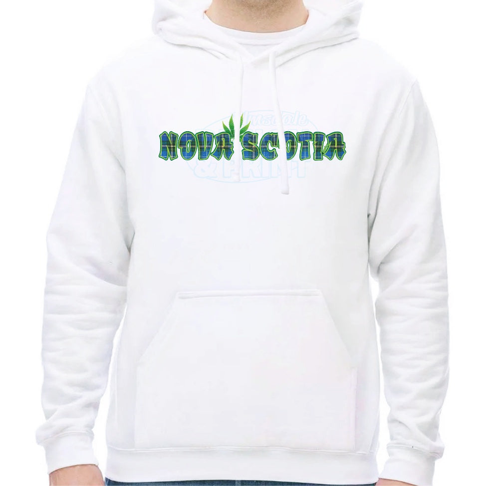 Super soft 12.5oz white hoodie with Nova Scotia made of Blue Tartan with a bright green weed leaf & bright green outlines
