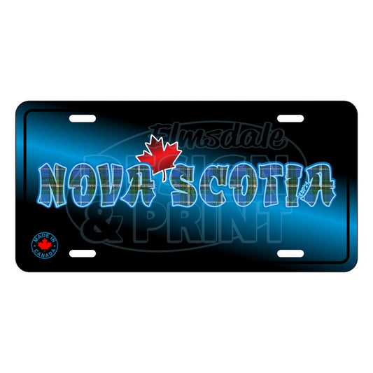 6x12" Aluminum License Plate Black with Nova Scotia written in Blue Tartan with a bright red Maple Leaf & bright blue outlines
