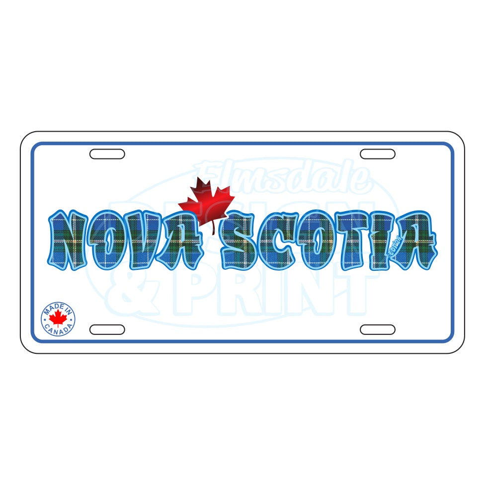 6x12" Aluminum License Plate white with Nova Scotia written in Blue Tartan with a bright red Maple Leaf & bright blue outlines