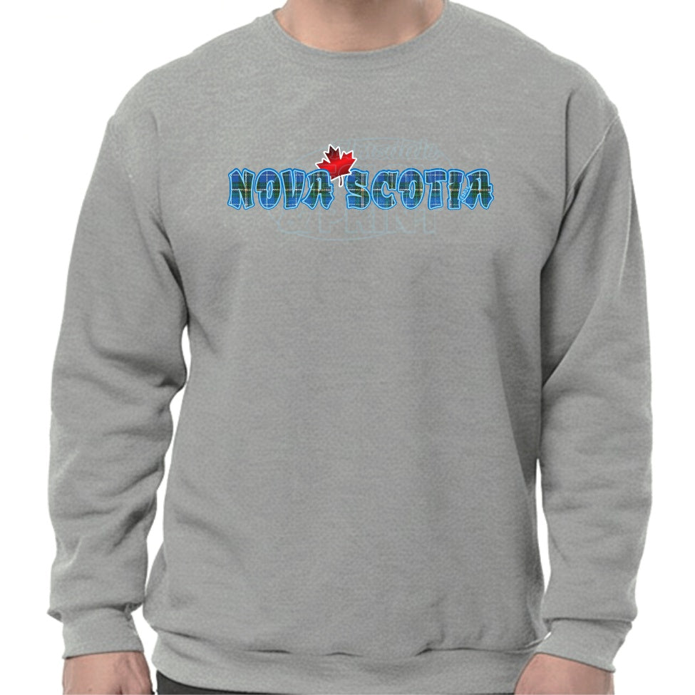Super soft 12.5oz grey sweatshirt with Nova Scotia written in Blue Tartan with a bright red Maple Leaf & bright blue outlines