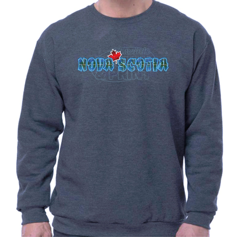 Super soft 12.5oz navy sweatshirt with Nova Scotia written in Blue Tartan with a bright red Maple Leaf & bright blue outlines