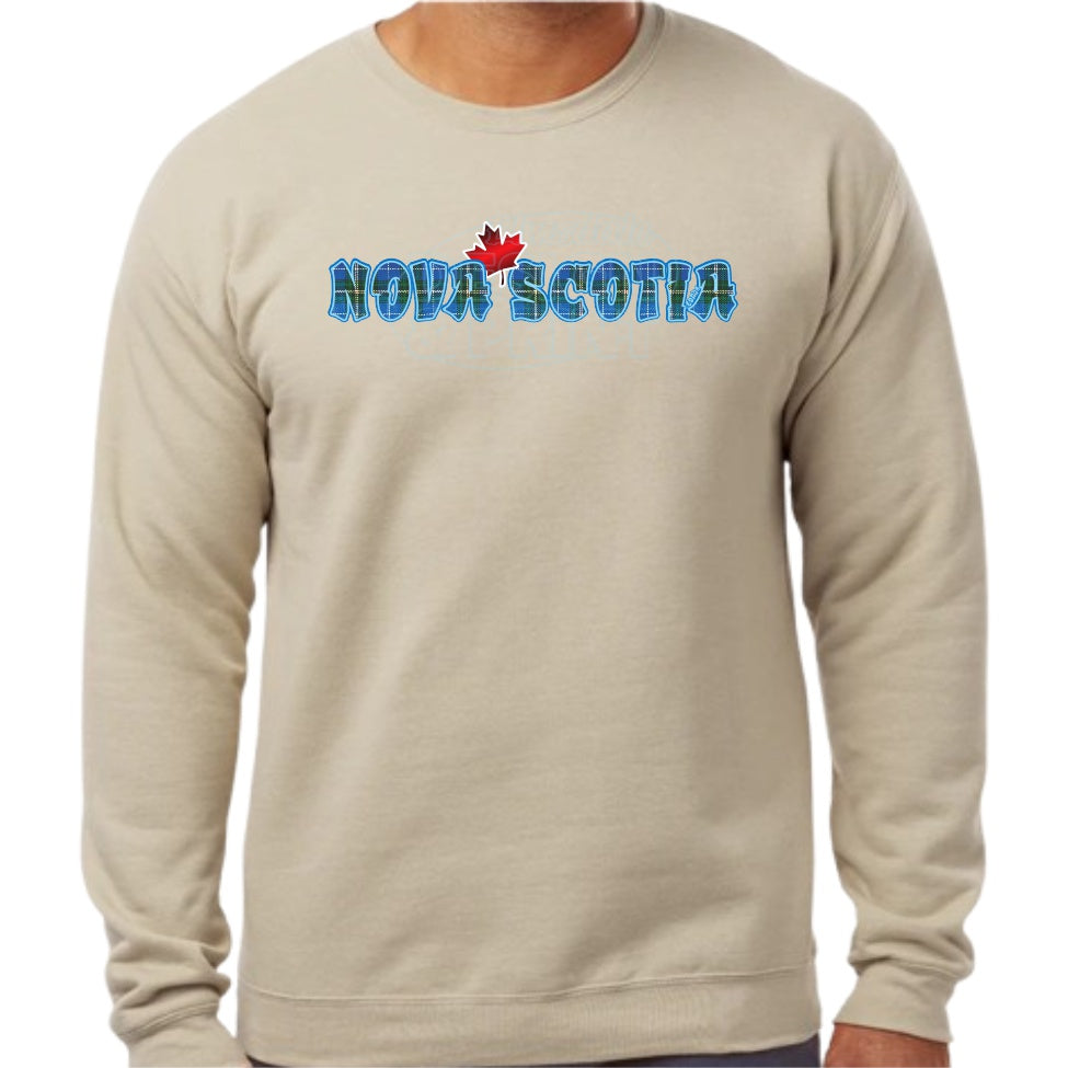 Super soft 12.5oz sand sweatshirt with Nova Scotia written in Blue Tartan with a bright red Maple Leaf & bright blue outlines