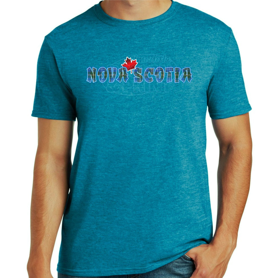 Soft ringspun cotton blue t-shirt with Nova Scotia written in Blue Tartan with a bright red Maple Leaf & bright blue outlines