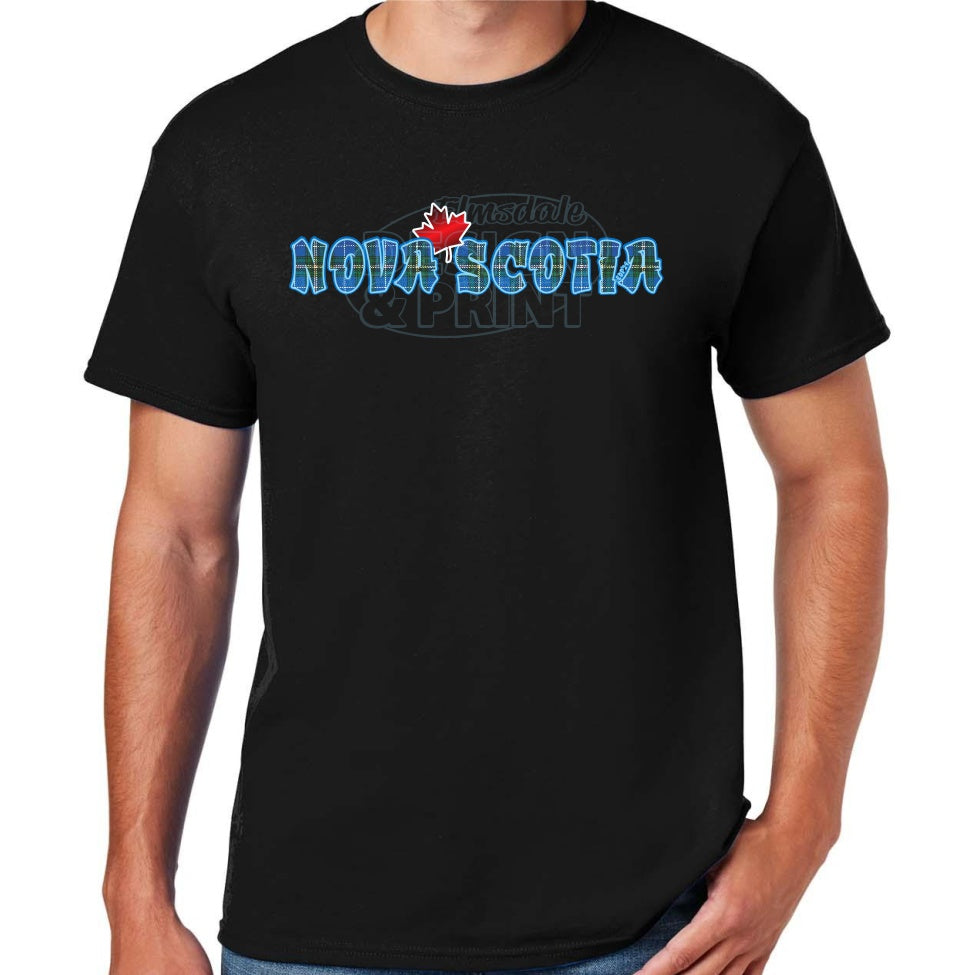 Soft ringspun cotton black t-shirt with Nova Scotia written in Blue Tartan with a bright red Maple Leaf & bright blue outlines