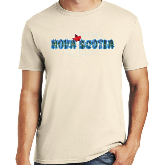 Soft ringspun cotton sand t-shirt with Nova Scotia written in Blue Tartan with a bright red Maple Leaf & bright blue outlines