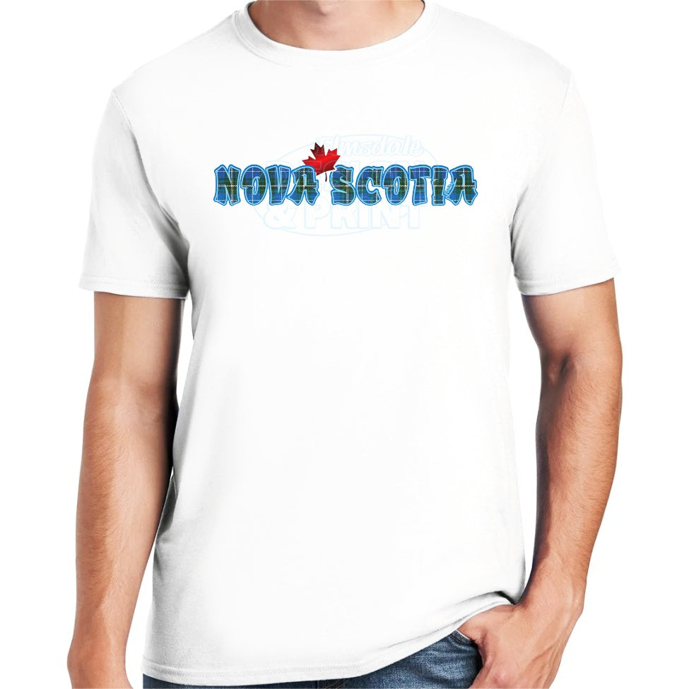 Soft ringspun cotton white t-shirt with Nova Scotia written in Blue Tartan with a bright red Maple Leaf & bright blue outlines