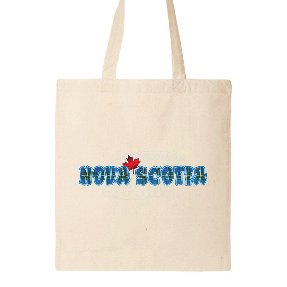 15x16" natural canvas tote bag with Nova Scotia written in Blue Tartan with a bright red Maple Leaf & bright blue outlines