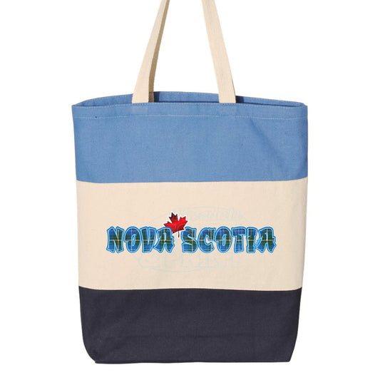 15x16" tri-color canvas tote bag with Nova Scotia written in Blue Tartan with a bright red Maple Leaf & bright blue outlines
